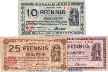 Notgeld Stadt Köln , Set mit 3 Scheinen in kfr. Tieste 3565.105.55-62 von 1920 , Rheinland Verkehrsausgabe