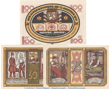 Notgeld Stadt Katscher 680.2 , Set mit 3 Scheinen in kfr. von 1921 , Oberschlesien Seriennotgeld