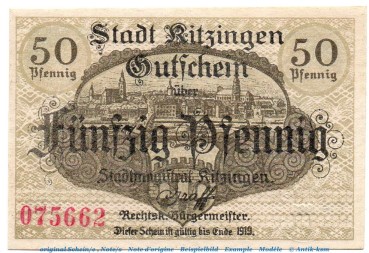 Notgeld Stadt Kitzingen 3510.05.25 , 50 Pfennig Schein in kfr. von 1918 , Bayern Verkehrsausgabe