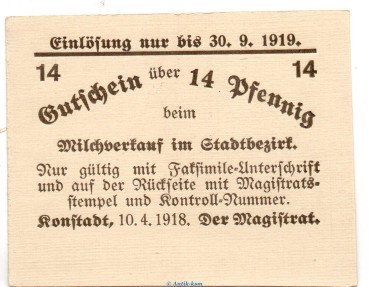 Notgeld Stadt Konstadt 3665.05.21 , 14 Pfennig Schein in kfr. von 1918 , Schlesien Verkehrsausgabe
