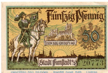 Preview: Notgeld Stadt Konstadt 738.1 , 50 Pfennig Schein in kfr. von 1921 , Schlesien Seriennotgeld