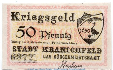 Notgeld Stadt Kranichfeld 3700.05.02 , 50 Pfennig Schein in kfr. von 1918 , Thüringen Verkehrsausgabe