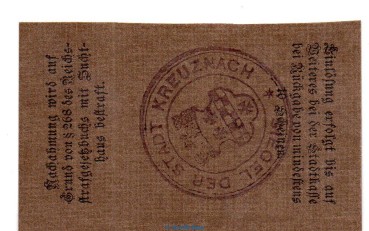 Preview: Notgeld Stadt Kreuznach , 10 Pfennig Schein in kfr. Tieste 3725.05.15 von 1917 , Rheinland Verkehrsausgabe