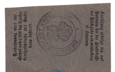 Preview: Notgeld Stadt Kreuznach , 50 Pfennig dunkelgrau in kfr. Tieste 3725.05.10 von 1917 , Rheinland Verkehrsausgabe