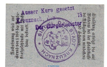 Preview: Notgeld Stadt Kreuznach , 50 Pfennig hellgrau in kfr. Tieste 3725.05.05 von 1917 , Rheinland Verkehrsausgabe