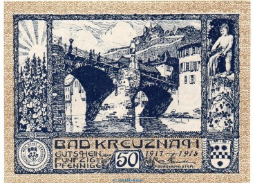 Preview: Notgeld Stadt Kreuznach , 50 Pfennig Schein in kfr. Tieste 3725.05.25 von 1917-18 , Rheinland Verkehrsausgabe