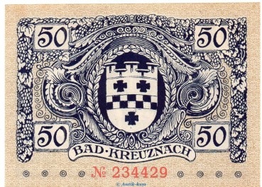 Notgeld Stadt Kreuznach , 50 Pfennig Schein in kfr. Tieste 3725.05.30 von 1917-18 , Rheinland Verkehrsausgabe