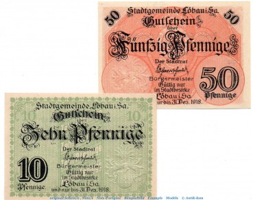 Löbau , Notgeld Set mit 2 Scheinen unc.kfr. Ti.4175.15.05-11 , Sachsen o.D. Verkehrsausgabe