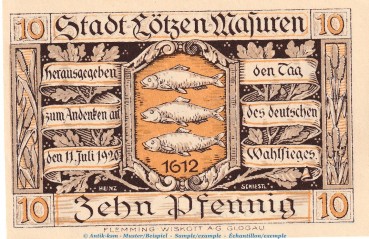 Notgeld Stadt Lötzen 814.2 , 10 Pfennig Schein in kfr. von 1920 , Ostpreussen Seriennotgeld