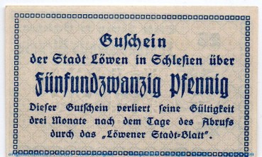 Preview: Notgeld Stadt Löwen 4200.05.16.f , 25 Pfennig Fehldruck in kfr. von 1920 , Schlesien Verkehrsausgabe