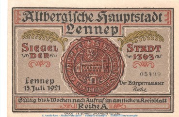Notgeld Stadt Lennep 791.1 , 50 Pfennig Schein -A- in kfr. von 1921 , Westfalen Seriennotgeld