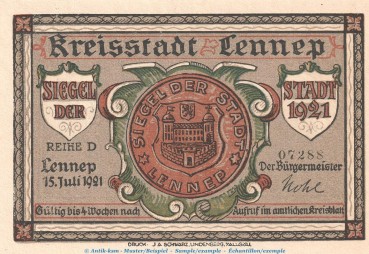 Preview: Notgeld Stadt Lennep 791.1 , 75 Pfennig Schein -D- in kfr. von 1921 , Westfalen Seriennotgeld