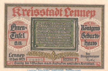 Preview: Notgeld Stadt Lennep 791.1 , 75 Pfennig Schein -F- in kfr. von 1921 , Westfalen Seriennotgeld