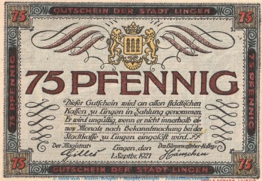 Notgeld Stadt Lingen 803.3 , 75 Pfennig Schein in kfr. von 1921 , Niedersachsen Seriennotgeld