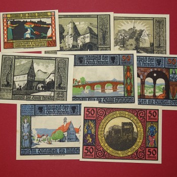 Notgeld Stadt Lobeda , Thüringen , kompletter Satz mit 8 Scheinen ,  in kassenfrischer Erhaltung , Seriennotgeld , 808.1 und 3 , von 1921