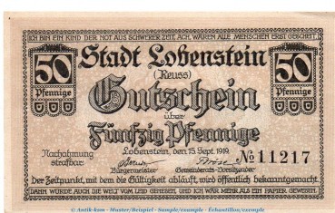 Notgeld Stadt Lobenstein 4160.05.07 , 50 Pfennig -Berndt- in kfr. von 1919 , Thüringen Verkehrsausgabe