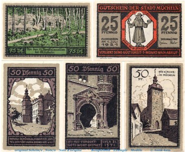 Notgeld Stadt Mücheln 902.1 , Set mit 5 Scheinen in kfr. von 1921 , Sachsen Anhalt Seriennotgeld