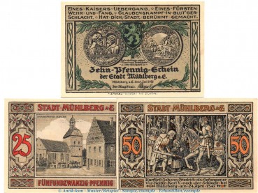 Notgeld Stadt Mühlberg 903.1 , Set mit 3 Scheinen in kfr. von 1921 , Brandenburg Seriennotgeld
