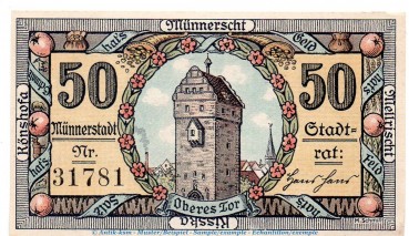 Notgeld Stadt Münnerstadt 912.5.a , 50 Pfennig Schein in kfr. von 1921 , Bayern Seriennotgeld