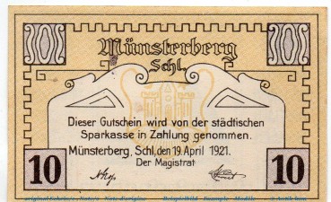 Preview: Notgeld Stadt Münsterberg 918.1 , 10 Pfennig Schein in kfr. von 1921 , Schlesien Seriennotgeld