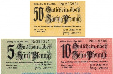 Notgeld Stadt Merseburg 4505.15.20-22 , Set mit 3 Scheinen in kfr. von 1920 , Provinz Sachsen Verkehrsausgabe