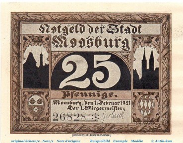 Preview: Notgeld Stadt Moosburg 899.1 , 25 Pfennig Schein Nr 1 in kfr. von 1921 , Bayern Seriennotgeld