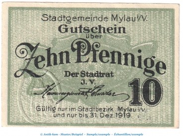 Notgeld Stadt Mylau , 10 Pfennig Schein in kfr. Tieste 4730.05.05 o.D. Sachsen Verkehrsausgabe