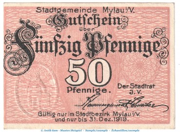 Notgeld Stadt Mylau , 50 Pfennig Schein in kfr. Tieste 4730.05.06 o.D. Sachsen Verkehrsausgabe