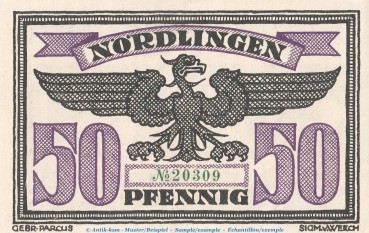 Preview: Notgeld Stadt Nördlingen 978.12 , 50 Pfennig Schein in kfr. von 1919 , Bayern Seriennotgeld