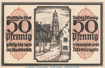 Notgeld Stadt Nördlingen 978.3 , 50 Pfennig -gelbbraun- Nr.1 in kfr. von 1918 , Bayern Seriennotgeld