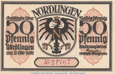 Preview: Notgeld Stadt Nördlingen 978.3 , 50 Pfennig -gelbbraun- Nr.1 in kfr. von 1918 , Bayern Seriennotgeld
