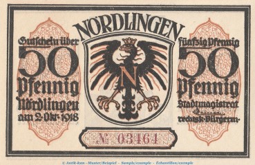 Preview: Notgeld Stadt Nördlingen 978.3 , 50 Pfennig -gelbbraun- Nr.2 in kfr. von 1918 , Bayern Seriennotgeld
