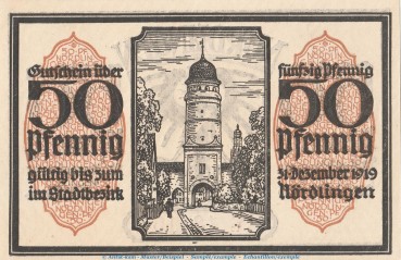 Notgeld Stadt Nördlingen 978.3 , 50 Pfennig -gelbbraun- Nr.3 in kfr. von 1918 , Bayern Seriennotgeld