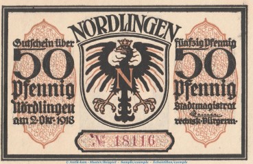 Preview: Notgeld Stadt Nördlingen 978.3 , 50 Pfennig -gelbbraun- Nr.3 in kfr. von 1918 , Bayern Seriennotgeld
