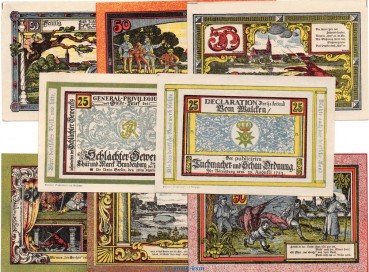 Notgeld Stadt Nörenberg 979.47.a-b , Set mit 8 Scheinen in kfr. von 1921 , Pommern Seriennotgeld
