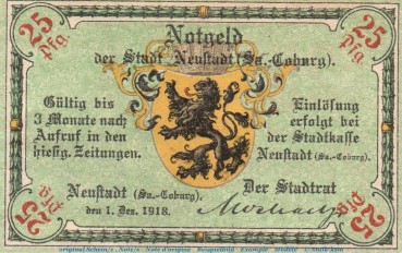 Notgeld Stadt Neustadt 4940.05.10 , 25 Pfennig Schein in kfr. von 1918 , Coburg Verkehrsausgabe