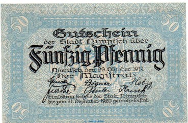 Notgeld Stadt Nimptsch 5135.10.04 , 50 Pfennig Schein in kfr. von 1919 , Schlesien Verkehrsausgabe