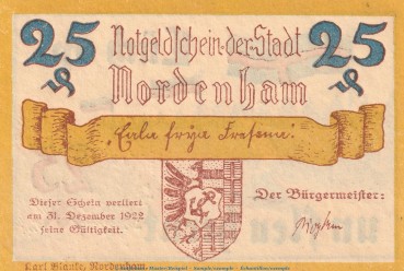Notgeld Stadt Nordenham 982.1.d , 25 Pfennig Schein Nr.1 -20 mm- in kfr. o.D. Niedersachsen Seriennotgeld