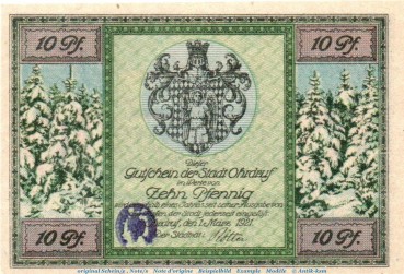 Ohrdruf , Notgeld 10 Pfennig Schein -Stpl- in kfr. M-G 1012.1.a , Thüringen 1921 Seriennotgeld