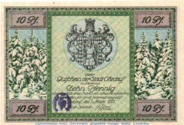 Ohrdruf , Notgeld 10 Pfennig Schein -Stpl- in kfr. M-G 1012.1.a , Thüringen 1921 Seriennotgeld