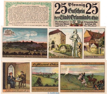 Orlamünde , Notgeld Set mit 7 Scheinen -Nummerngleich- in kfr. M-G 1025.1 , Thüringen 1921 Seriennotgeld