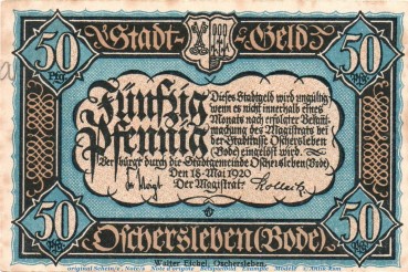 Notgeld Stadt Oschersleben 1028.1 , 50 Pfennig Schein in kfr. von 1920 , Sachsen Anhalt Seriennotgeld