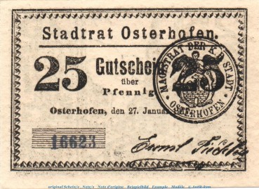 Preview: Notgeld Stadt Osterhofen , 25 Pfennig graugrün in kfr. von 1917 , Bayern Seriennotgeld