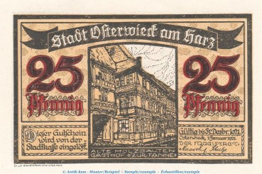 Preview: Notgeld Stadt Osterwieck 1137.1.e , 25 Pfennig Schein in kfr. von 1921 , Sachsen Anhalt Seriennotgeld