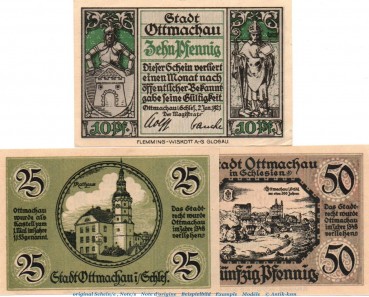 Notgeld Stadt Ottmachau 1040.1 , Set mit 3 Scheinen in kfr. von 1921 , Oberschlesien Seriennotgeld