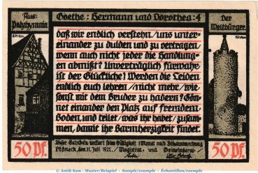 Preview: Notgeld Stadt Pößneck 1066.4.a , 50 Pfennig Nr.4 dunkelblau in kfr. von 1921 , Thüringen Seriennotgeld