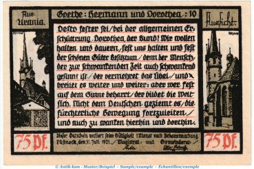 Preview: Notgeld Stadt Pößneck 1066.4.a , 75 Pfennig Nr.10 dunkelblau in kfr. von 1921 , Thüringen Seriennotgeld