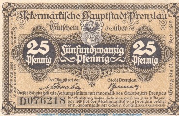 Notgeld Stadt Prenzlau , 25 Pfennig Schein -D- in gbr. Tieste 5755.10.20 o.D. Brandenburg Verkehrsausgabe