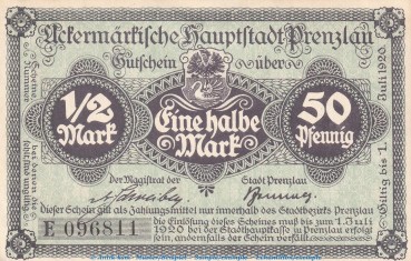 Notgeld Stadt Prenzlau , 50 Pfennig Schein -E- in f-kfr. Tieste 5755.10.26 o.D. Brandenburg Verkehrsausgabe