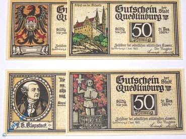 Notgeld Stadt Quedlinburg , Sachsen Anhalt , vollständiger Satz mit 4 Scheinen in kassenfrischer Erhaltung , Seriennotgeld , 1087.1 , von 1921